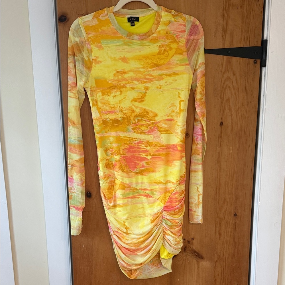 AFRM Yellow Marble Ruched Long-Sleeve Dress